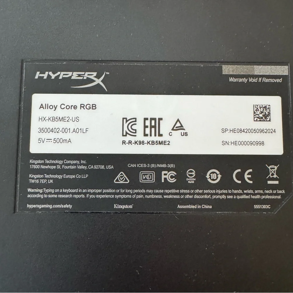 HyperX Alloy Core RGB Wired Gaming Keyboard HX-KB5ME2 tested working